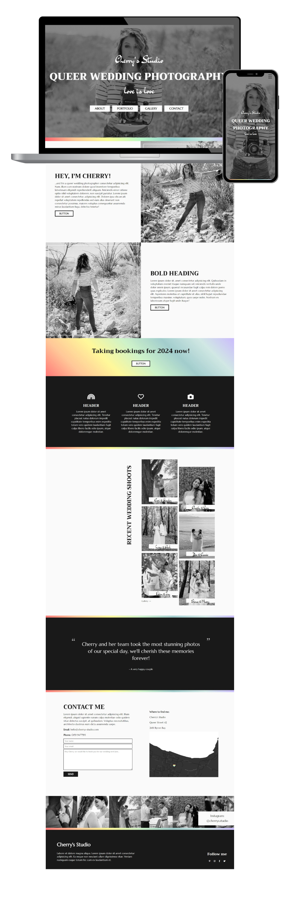 Mockup von Cherrys Homepage, die aus einem Laptop herausfließt, neben einem Mockup der Homepage auf einem Handy